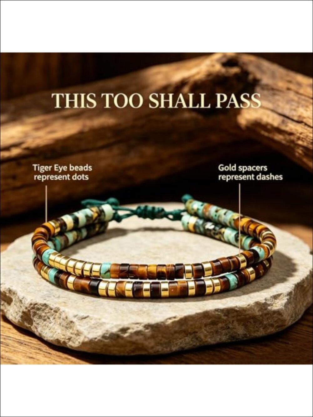 Morse Code Wrap Bracelet Tiger Eye Turquoise Double Layer Beaded - Picture 3 of 6